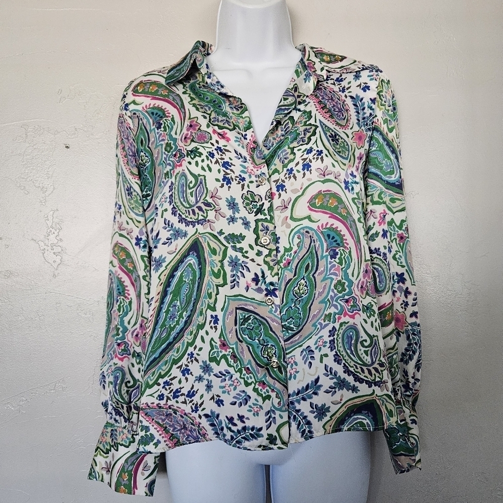 Zara Womens Small Satin Long Sleeve Button Up Shirt White Green Paisley Boho Top